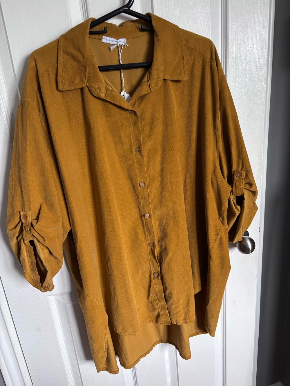Oversized Lagenlook high low corduroy mustard yellow button up tunic top Italian